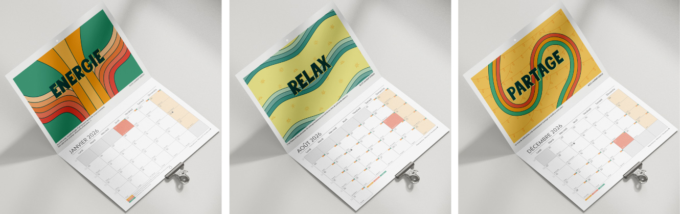 Présentation de trois mois de mon calendrier illustré 2026 : Janvier, août et décembre. @Alice Lambert Design