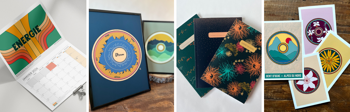 Présentation de mes produit : calendrier, tirages d'art, carnets, cartes postales